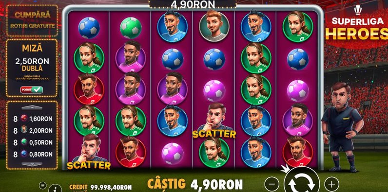 Grila 6x5 a slotului Superliga Heroes, cu fotbaliști, mingi și simboluri scatter